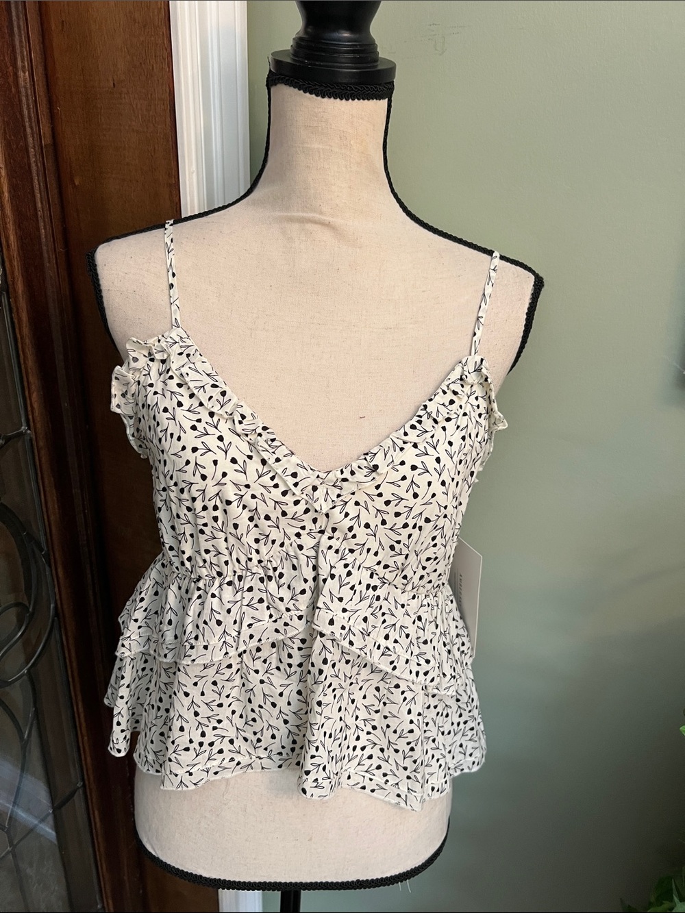 Printed Ruffle Tiered Cami Top - White/Black